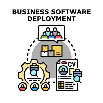 Business software deployment process with team and data 스톡 일러스트