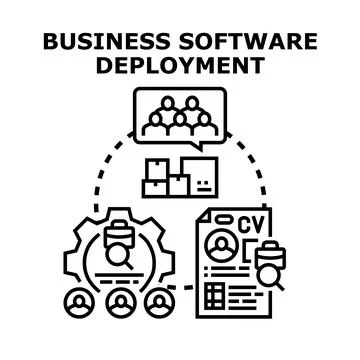 Business software deployment process with team and data Stock Illustration