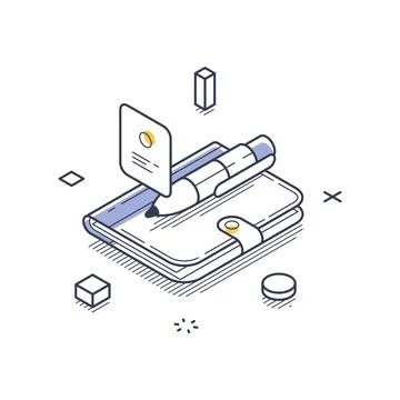 Business solution concept with isometric line art design featuring a notebo.. Stock Illustration