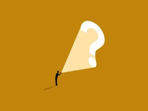 Business solution, man uses flashlight to reveal a question mark Illustrazione stock