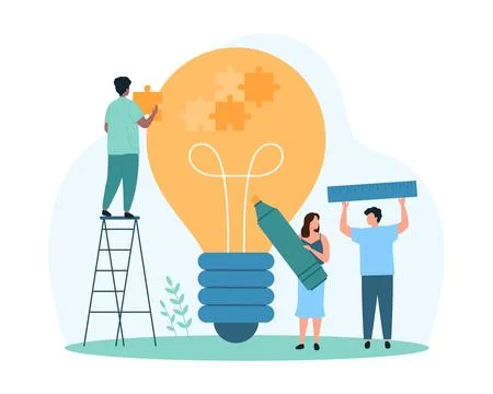 Business solution, teamwork on creative light bulb puzzle, tiny people building 스톡 일러스트