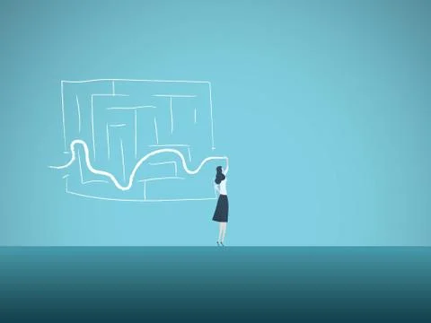 Business solution vector concept with business woman finding way through maze Stock Illustration