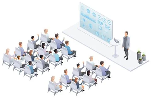 Business speaker presenting data analytics on large screen to seated audien. Stock Illustration