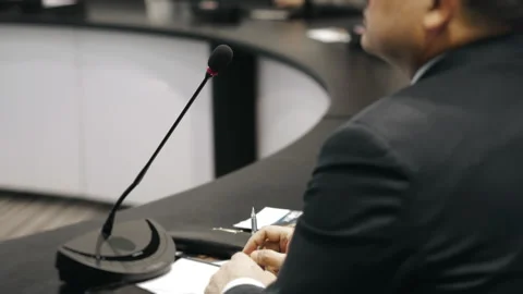 Business speaker talking into microphone during corporate conference meeting. Vídeo Stock 330216938