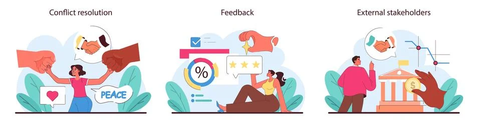 Business stakeholders set. Showcasing methods of conflict resolution, feedback Stock Illustration