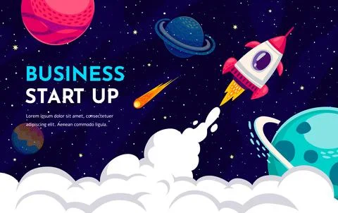 Business start up banner, rocket launch to space Stock Illustration