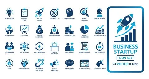 Business Startup and Entrepreneurship solid icon set containing 28 vector i.. Stock Illustration