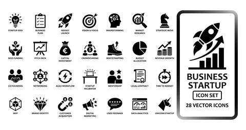 Business startup and entrepreneurship solid icon set containing 28 vector i.. Stock Illustration