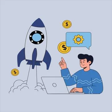 Business startup concept with man working on laptop and rocket launch for f.. Stock Illustration