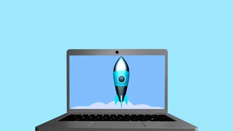 Business startup concept. Rocket flying out of a laptop  Stock Footage 108577361