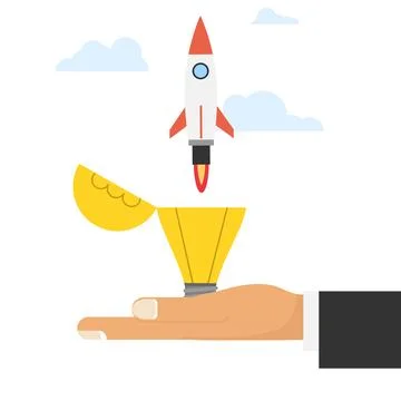 Business startup concept with rocket flying out from open lightbulb on hand Stock Illustration