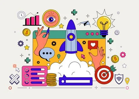 Business startup concept. Rocket start. Project development. Digital technology Stock Illustration