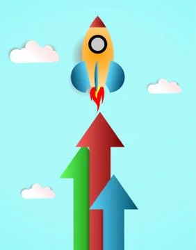 Business startup concept vector flat illustration. A rocket with arrows takes Illustrazione stock