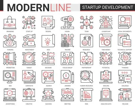 Business startup development technology complex red black line vector icons set 스톡 일러스트