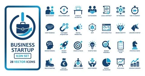 Business startup icon set vector. Features symbols for rocket launch, seed .. Ilustração Stock
