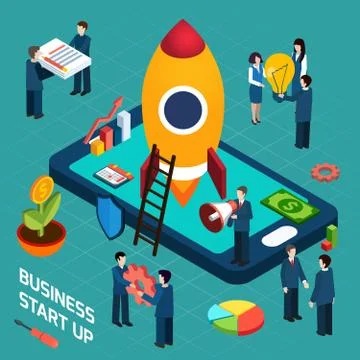 Business startup launch concept isometric poster Ilustración de archivo