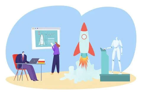 Business startup rocket launch concept, vector illustration, flat man woman Stockillustratie