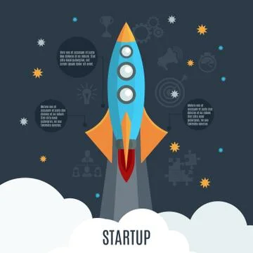 Business startup rocket launch flat poster Stock Illustration