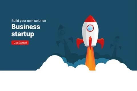 Business startup rocket launch flat vector illustration. Startup space design Stock Illustration