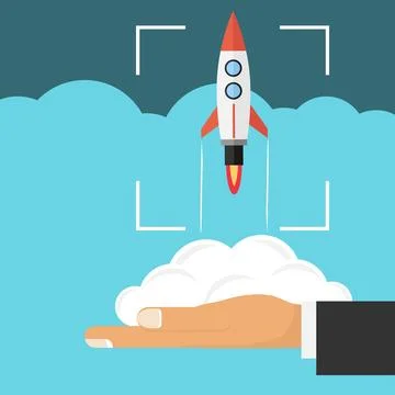 Business startup vector concept rocket launch from human hand into sky with. Stock Illustration