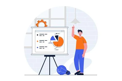 Business startup web concept with character scene. Man creates strategy for p 스톡 일러스트