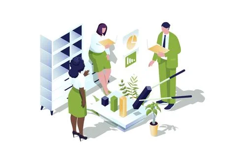 Business statistic web concept in 3d isometric design. People brainstorming a Stock Photos