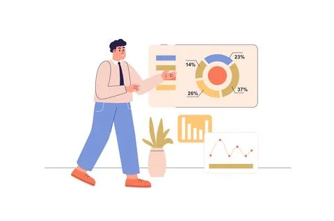 Business statistic web concept with people scene. Man analyzing data at cha.. イラスト素材