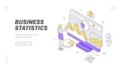 Business Statistics And Data Analytics Isometric Vector Banner Illustration.. Stock Illustration