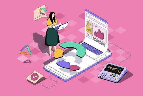 Business statistics concept in 3d isometric design. Woman analyzing stock mar Stock Illustration