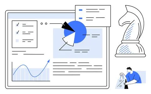 Business strategy analysis with charts, graphs, and chess knight representi.. Stock Illustration