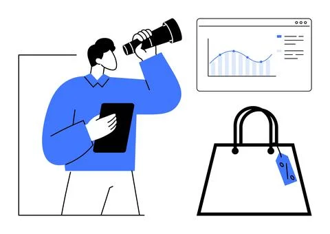 Business strategy, e-commerce, shopping trends, data analytics, market resear Illustrazione stock