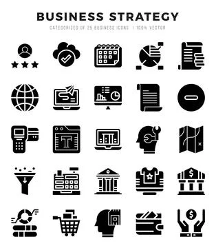 Business Strategy elements. Glyph web icon set. Simple vector illustration. Stock Illustration