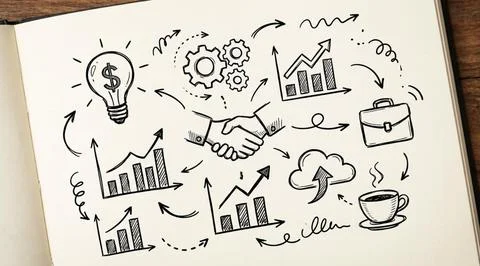 Business strategy flowchart on paper with idea, growth and partnership Stock Illustration