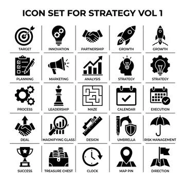 Business strategy icon set for planning, marketing, analysis, growth, leade.. Stock Illustration