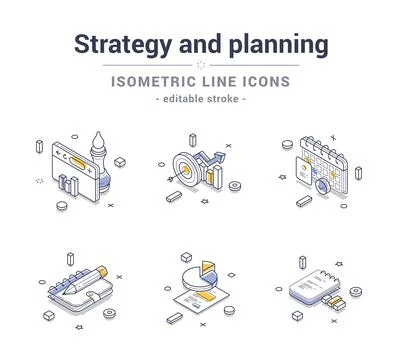 Business strategy planning and analyzing line icon set isometric contoured ve Stock Illustration