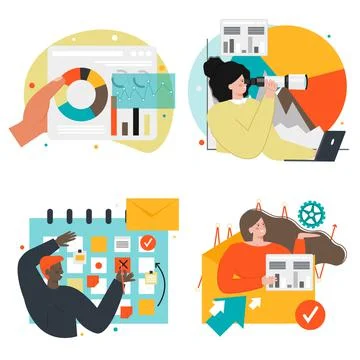 Business strategy set, vector isolated illustration. Data analysis, digital 库存插图