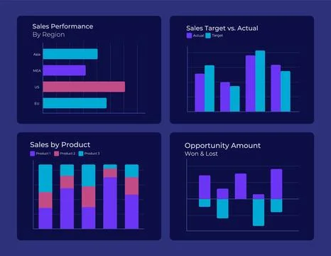 Business strategy tracking graph ux dashboard dark set Stock Illustration