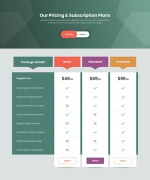 Business subscription pricing comparison table ui design Stock Illustration