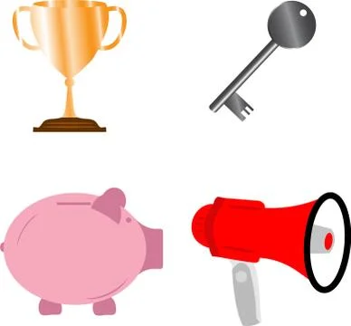 Business success concept elements, key award cup, piggy bank and bullhorn set Stock Illustration