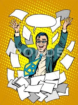 Business success happy businessman among the papers Stock Illustration