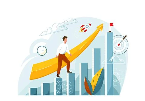 Business success progress vector background. Employee man climb to his target on Stock Illustration