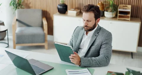 Business, tablet and man in office, connection and email for article submission, Stock Footage 329343789