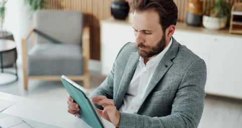 Business, tablet and man in workplace, typing and email for news report Stock Footage 329363947