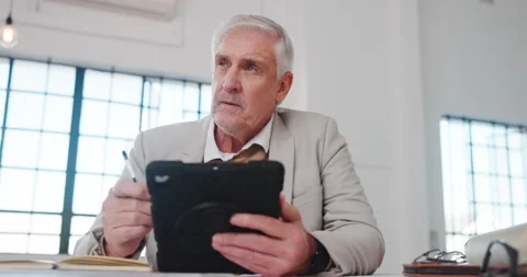 Business, tablet and thinking with broker man at desk in office for investment Stock Footage 341465100