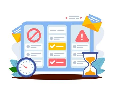 Business task list with clock and hourglass icons on a white background. 스톡 일러스트