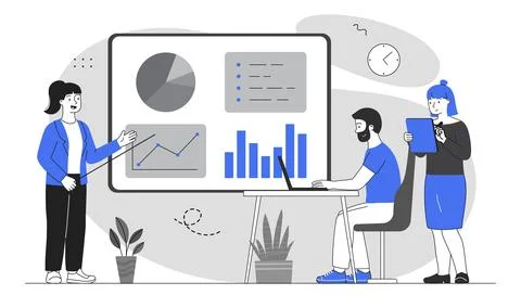 Business team analyzing data charts. Vector illustration Illustrazione stock