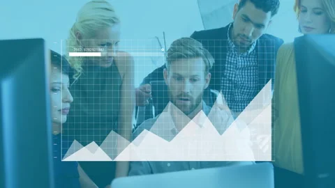 Business team analyzing data with graph animation overlay on computer screen Stock Footage 306250868