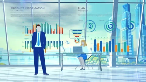 Business team analyzing data in modern city office Stock Footage 335886989