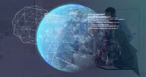 Business team analyzing docs and leaning over laptop as globe appears, showing Stock Footage 330194988