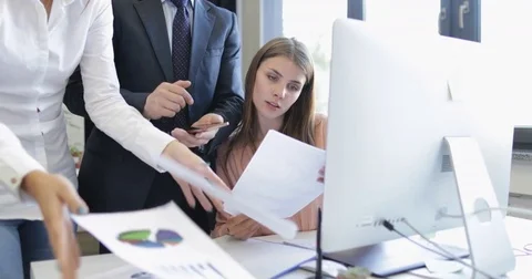 Business Team Analyzing Document Have Problems, Businesspeople Group Crisis In Stock Footage 76965106